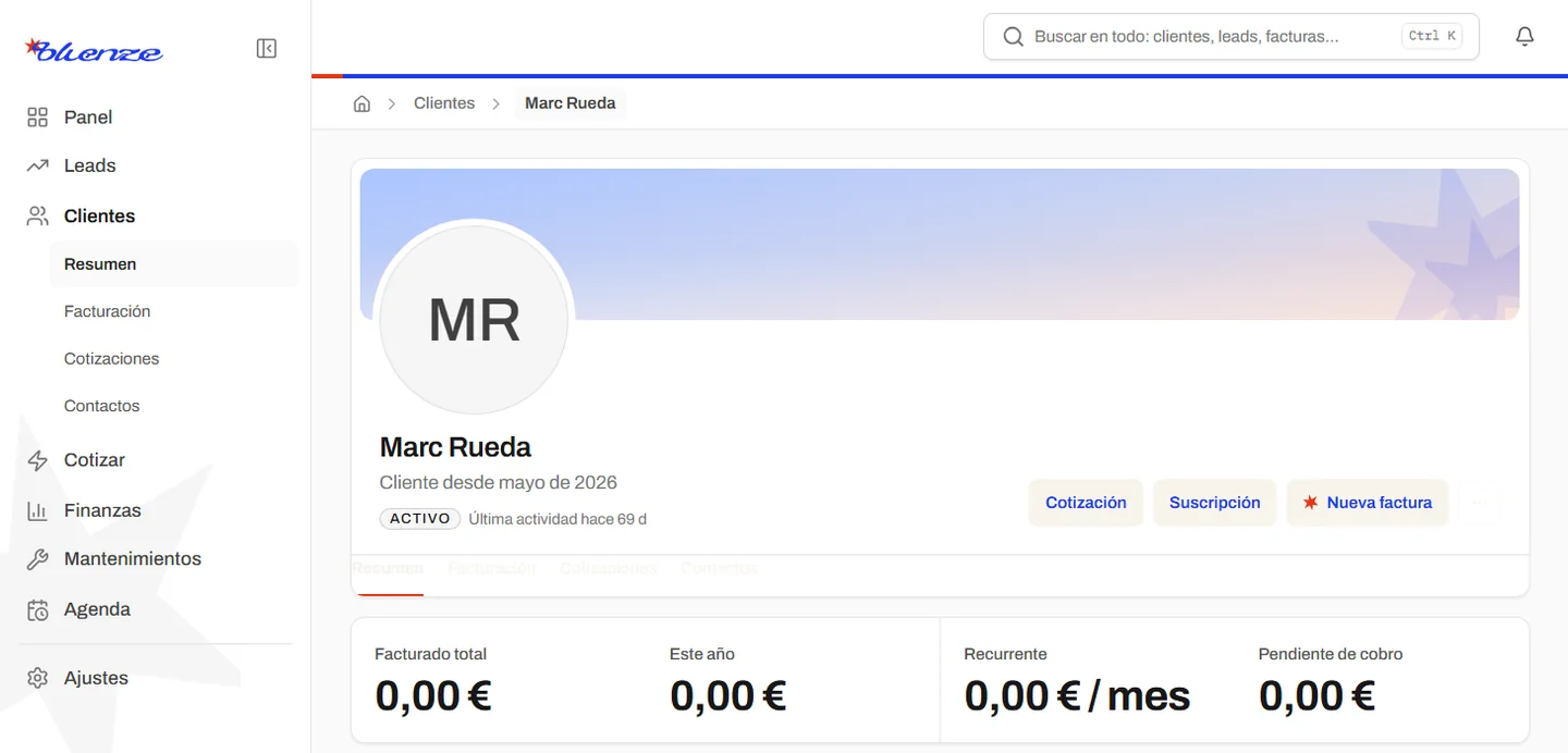 Ficha de un cliente en Bluenze Core: servicios activos, facturado, cobros pendientes y movimientos