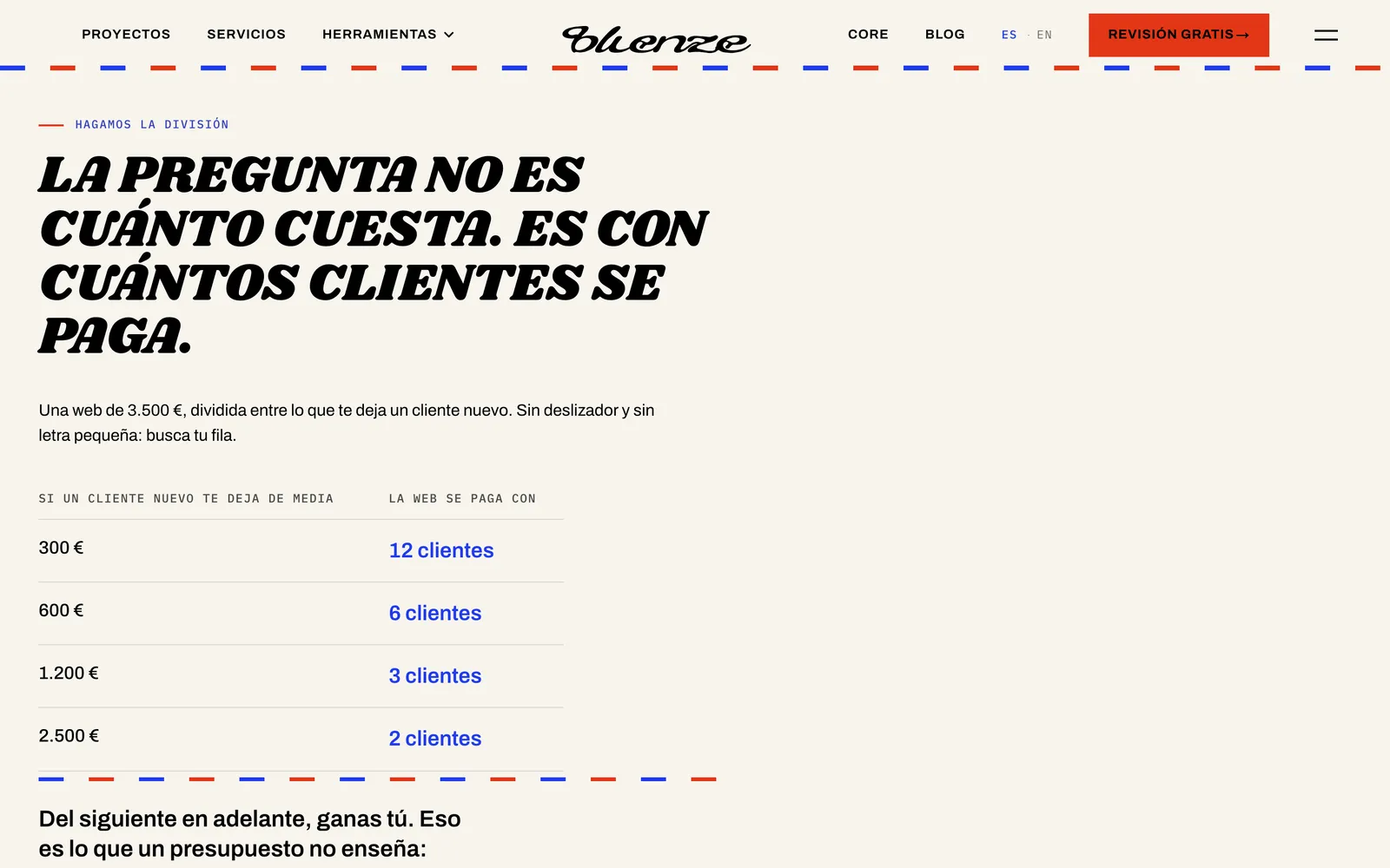 Captura de bluenze.com: Con cuántos clientes se paga una web