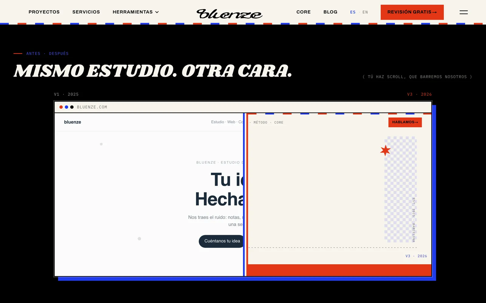 Captura de bluenze.com: El barrido de la v1 a la v3, en /rebranding