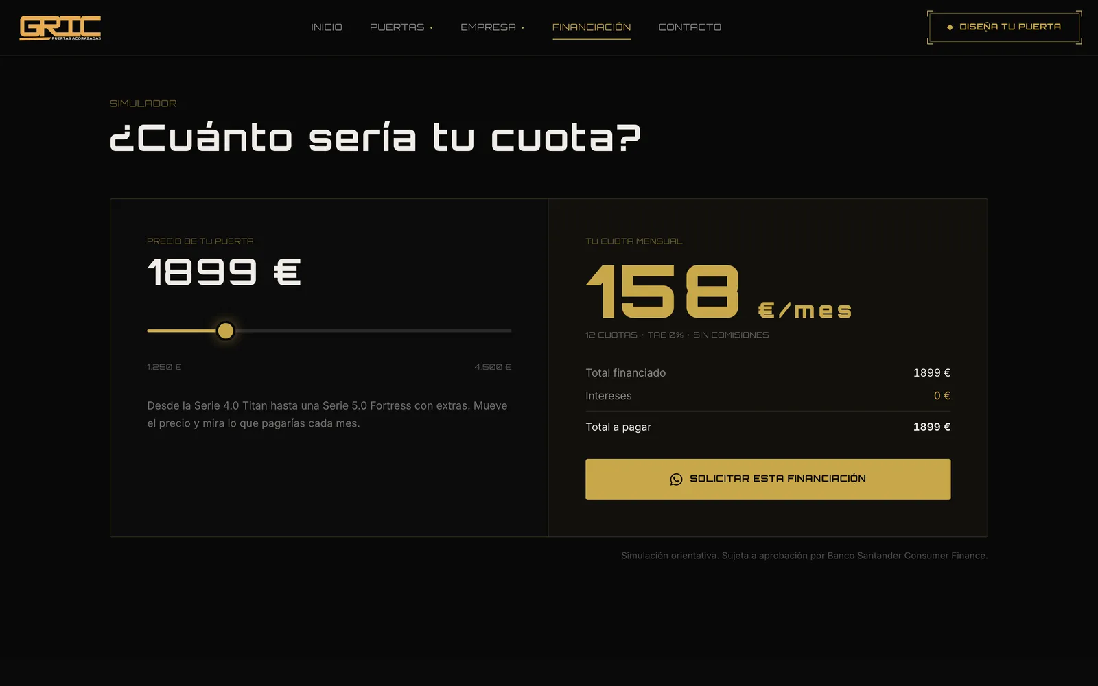 Captura de gricpuertasacorazadas.com: El simulador de cuota
