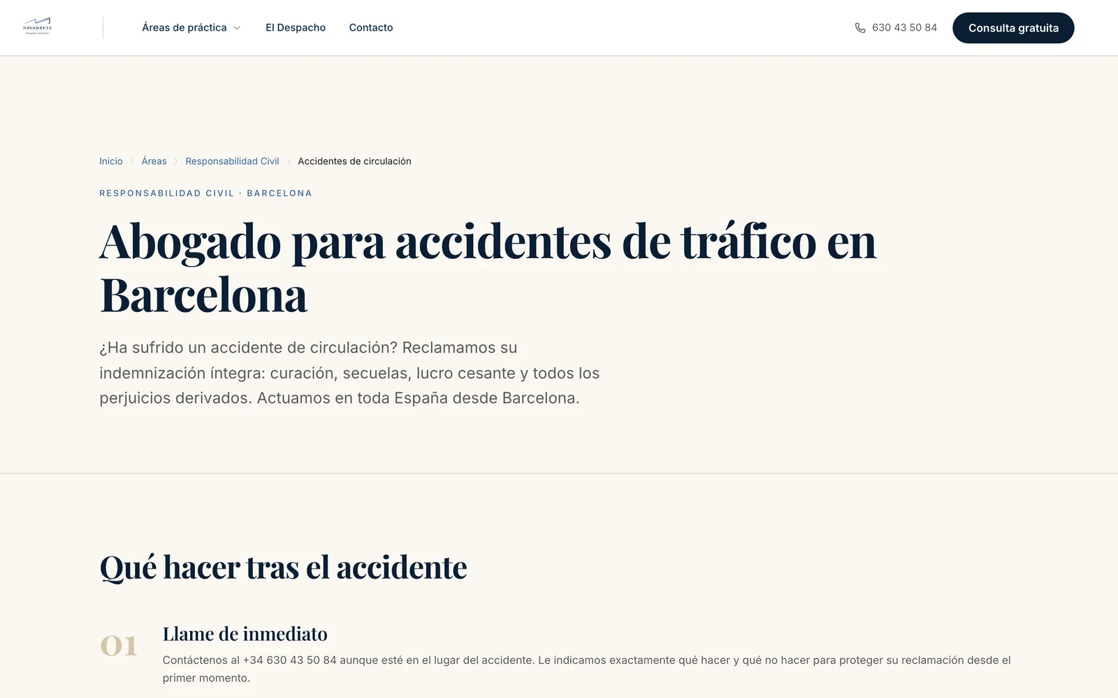 Captura de navarreteabogados.com: Una página de área: qué hacer tras un accidente