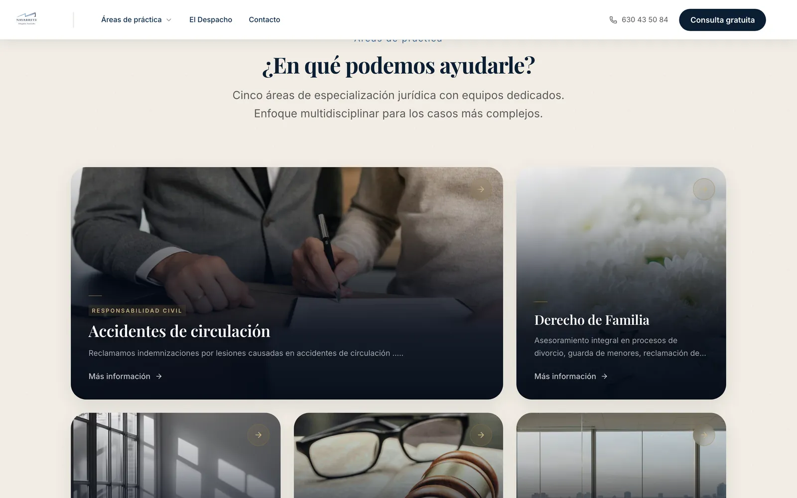 Captura de navarreteabogados.com: Las cinco áreas, cada una con su página