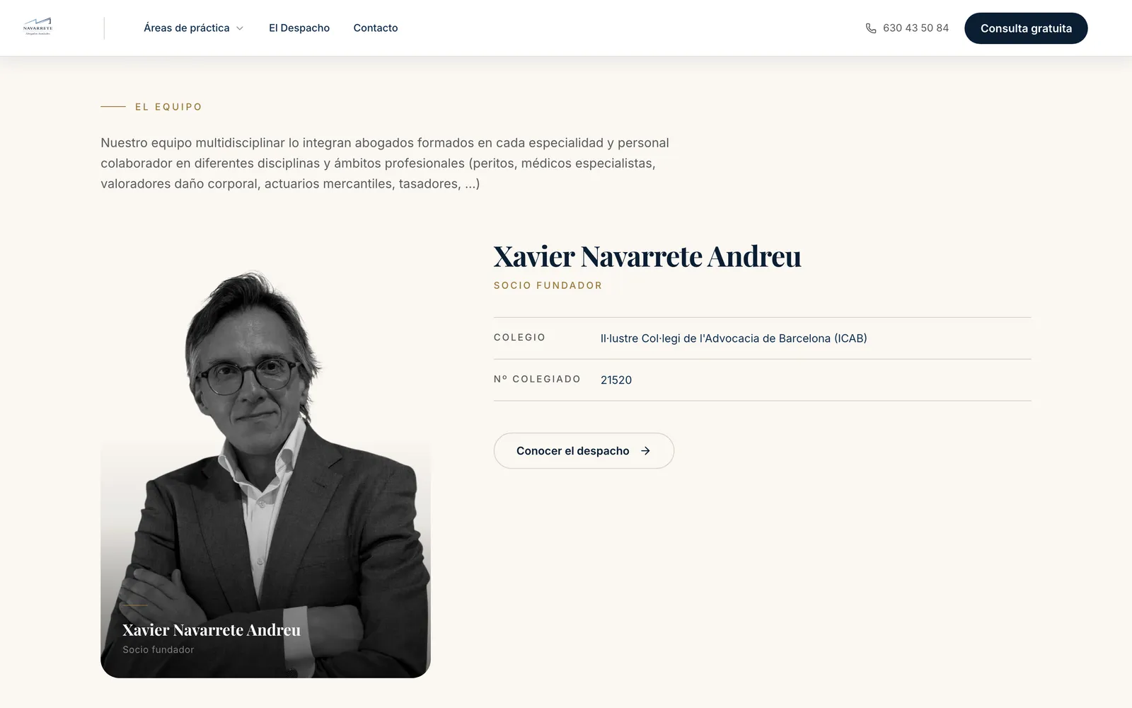 Captura de navarreteabogados.com: Xavier, con su número de colegiado