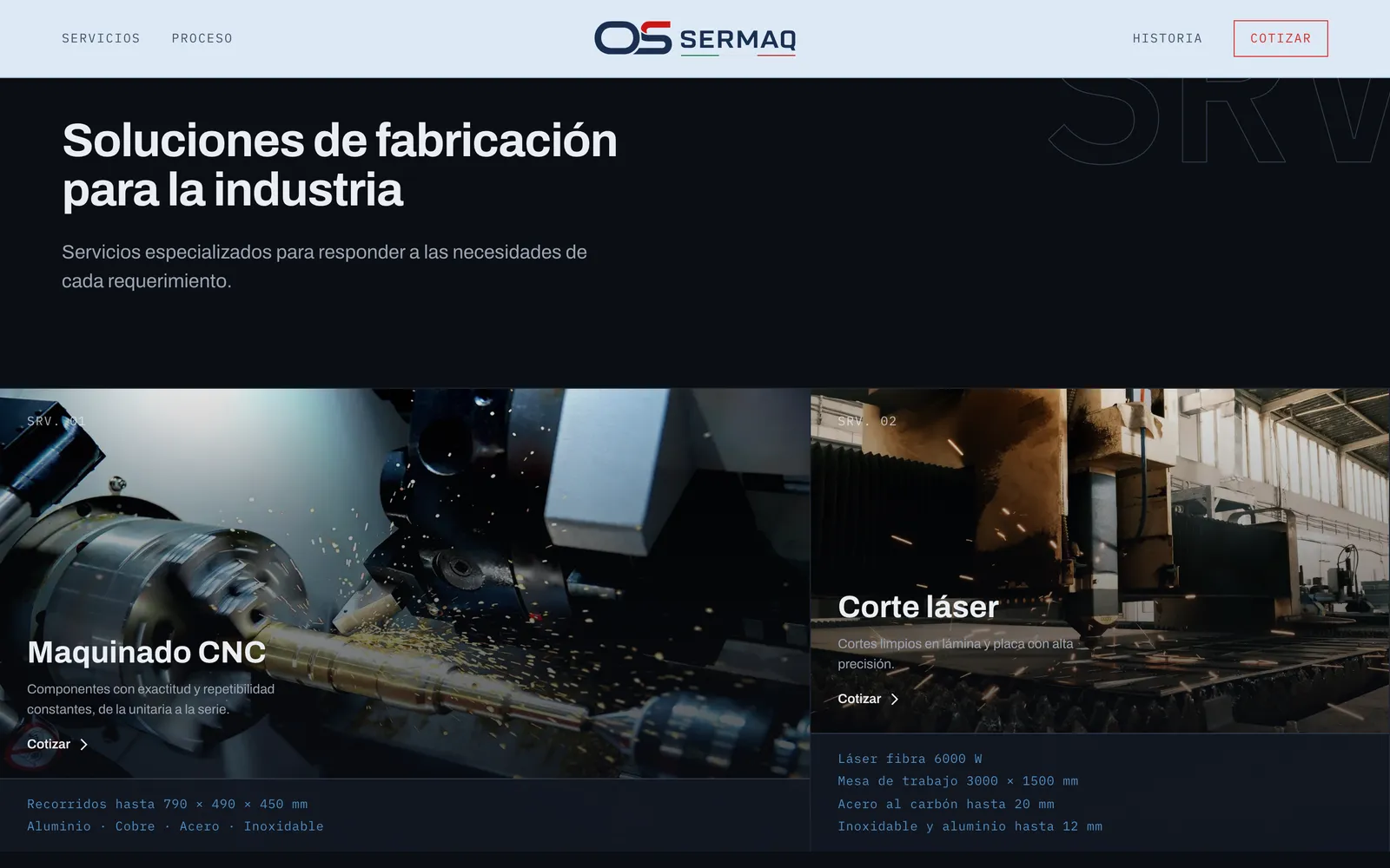 Captura de os-sermaq.com: Los ocho servicios, con sus capacidades